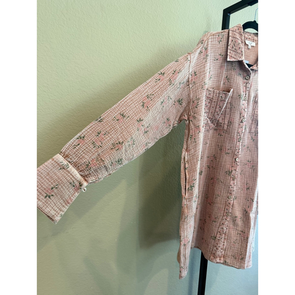 Easel Oversized Floral Print Cotton Gauze Washed Shirt Dress Mocha Mousse Size S - Picture 5 of 11